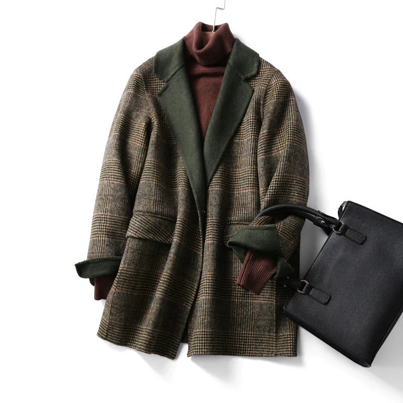 Wool Coat Checked Pattern Notched Collar Button Front