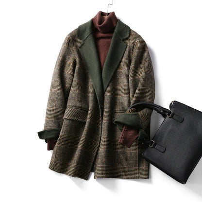 Wool Coat Checked Pattern Notched Collar Button Front