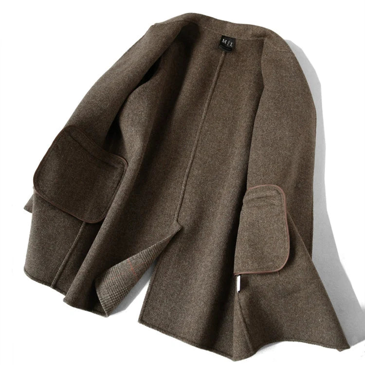 Wool Coat Checked Pattern Notched Collar Button Front