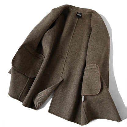 Wool Coat Checked Pattern Notched Collar Button Front