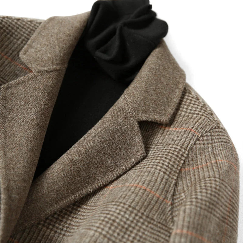 Wool Coat Checked Pattern Notched Collar Button Front