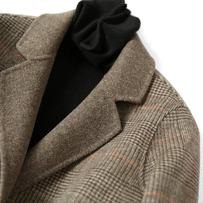 Wool Coat Checked Pattern Notched Collar Button Front