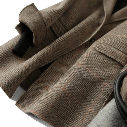 Wool Coat Checked Pattern Notched Collar Button Front
