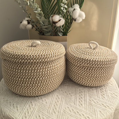 Woven Storage Basket Jute-Cotton With Lid