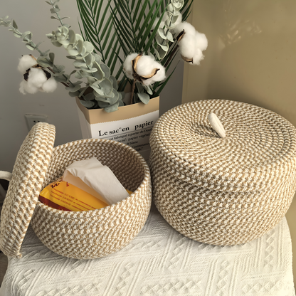 Woven Storage Basket Jute-Cotton With Lid
