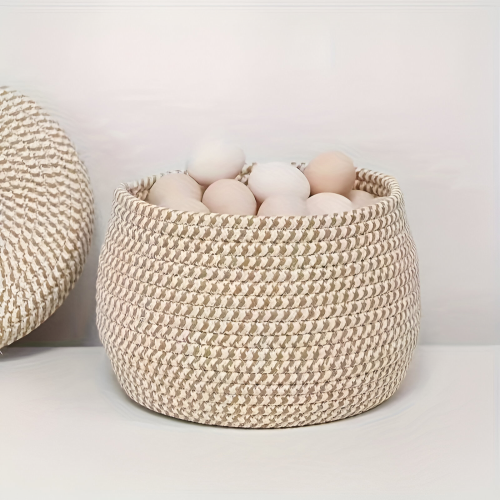 Woven Storage Basket Jute-Cotton With Lid