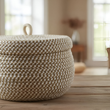 Woven Storage Basket Jute-Cotton With Lid