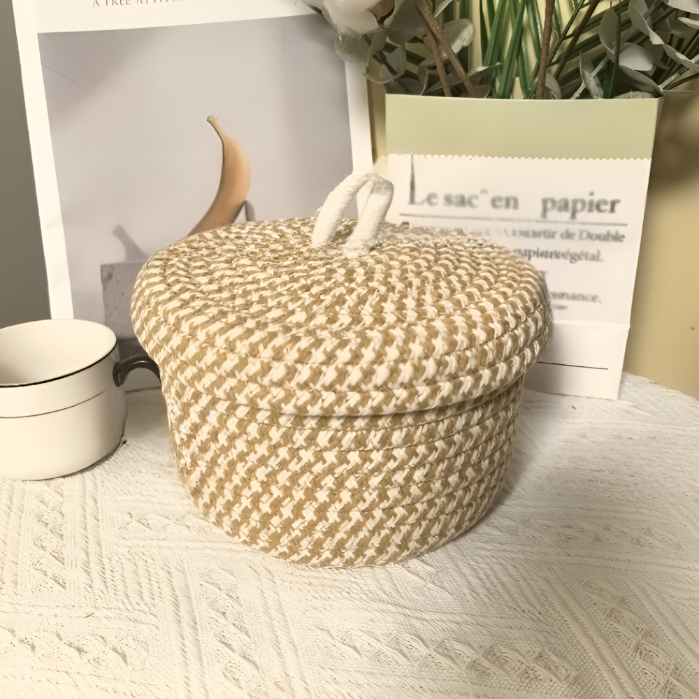 Woven Storage Basket Jute-Cotton With Lid