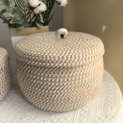 Woven Storage Basket Jute-Cotton With Lid