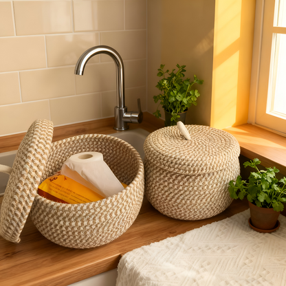 Woven Storage Basket Jute-Cotton With Lid
