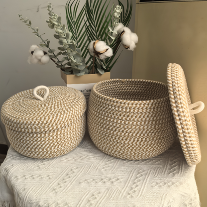Woven Storage Basket Jute-Cotton With Lid