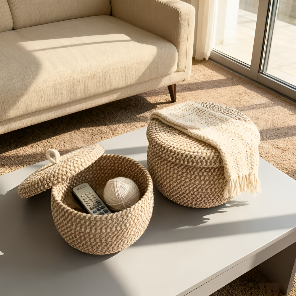 Woven Storage Basket Jute-Cotton With Lid
