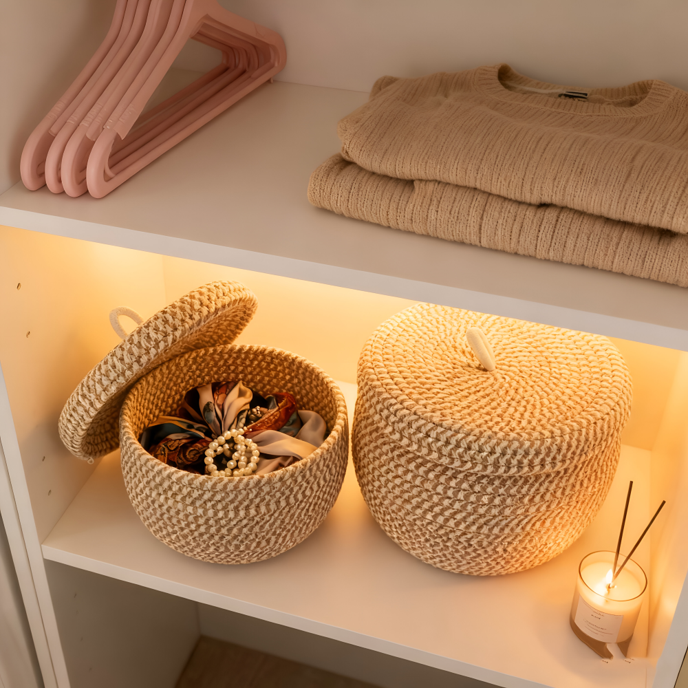 Woven Storage Basket Jute-Cotton With Lid