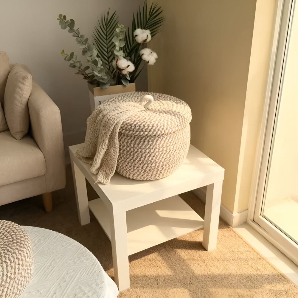 Woven Storage Basket Jute-Cotton With Lid