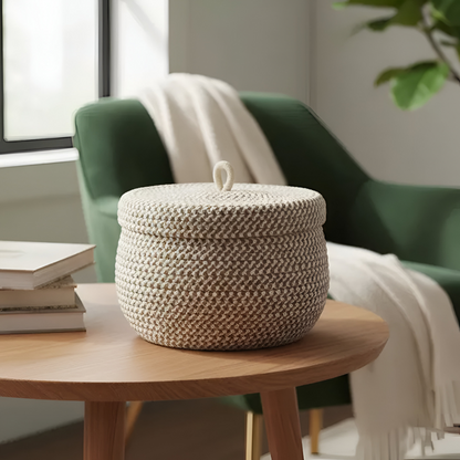 Woven Storage Basket Jute-Cotton With Lid