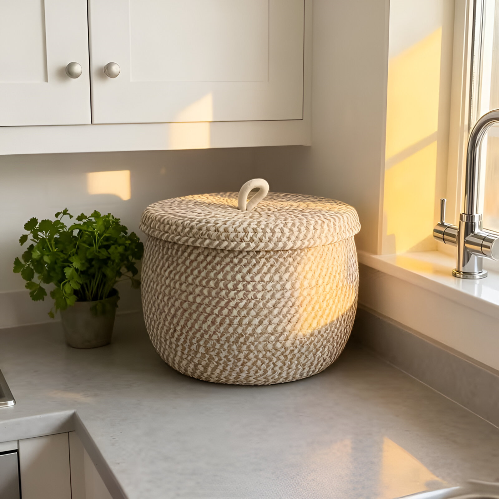 Woven Storage Basket Jute-Cotton With Lid