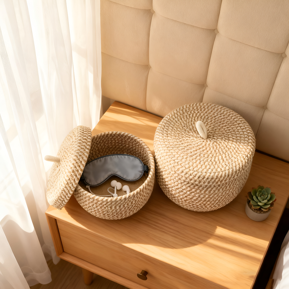 Woven Storage Basket Jute-Cotton With Lid