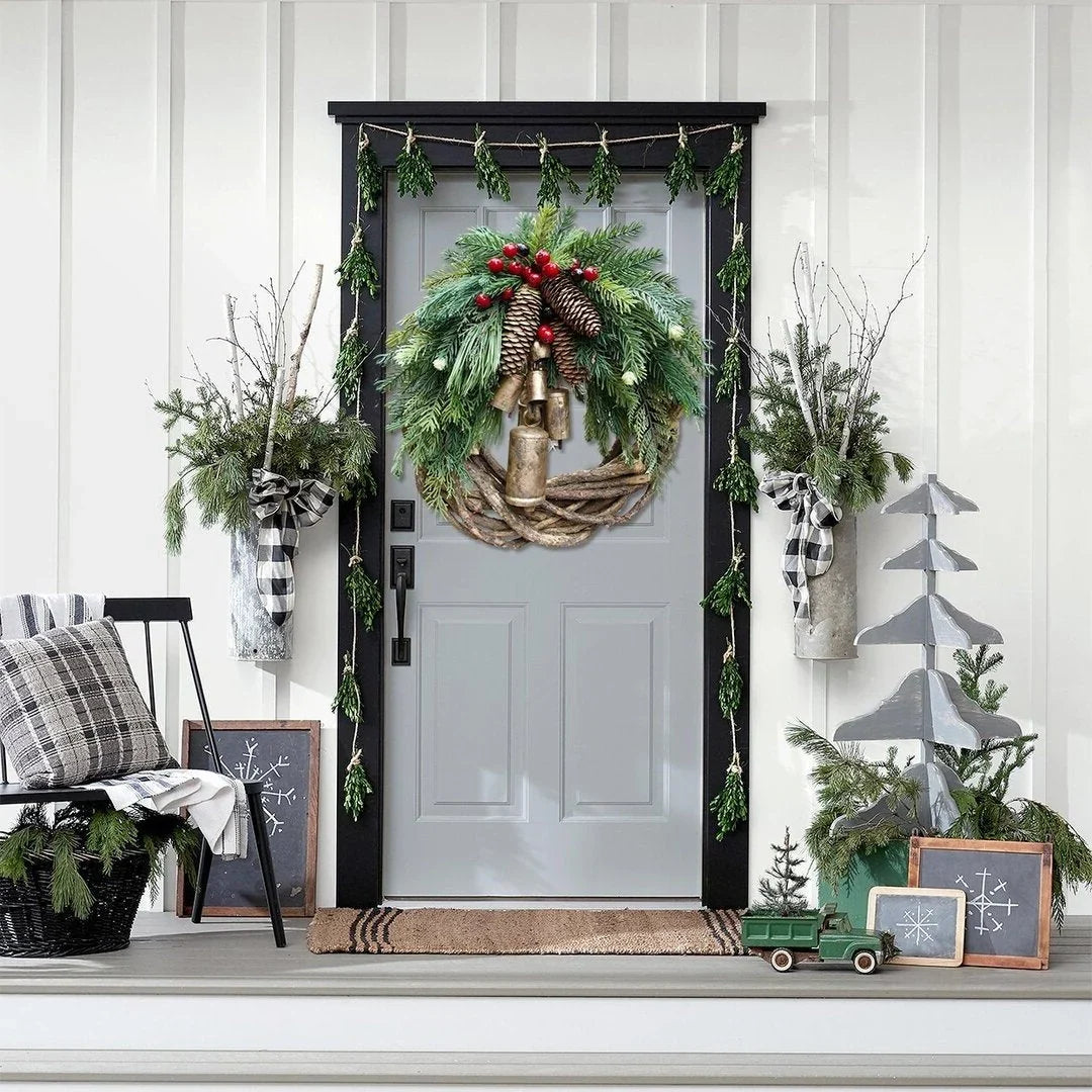 Wreath Golden Bells & Pinecones Weather-Resistant 17 Inch