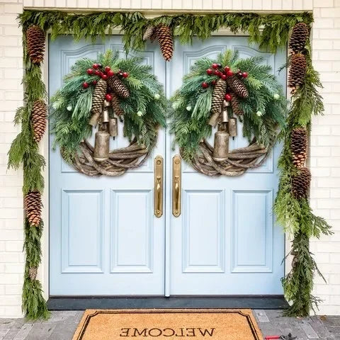 Wreath Golden Bells & Pinecones Weather-Resistant 17 Inch
