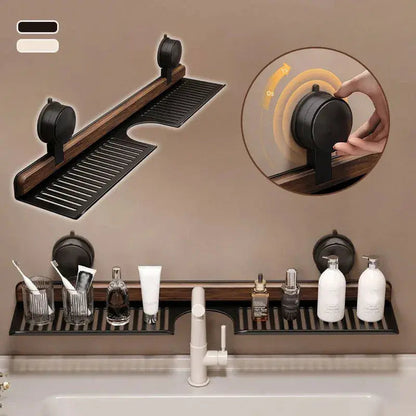 Sink Shelf Walnut Wood Suction-Mount Drain Slots