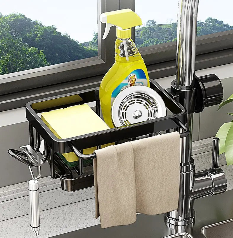 Faucet-Mounted Sink Organizer Rust-Resistant Aluminum Drip Tray & Hook
