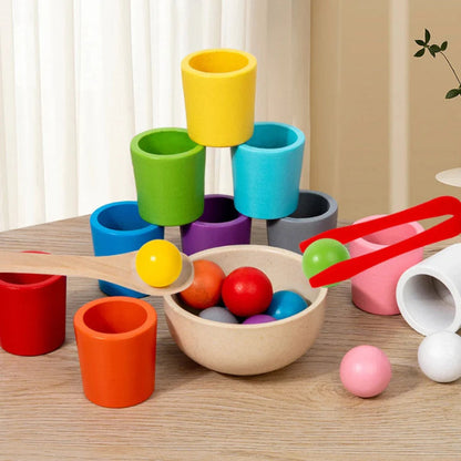 Color Matching Set Wooden Cups & Balls Plastic Tongs
