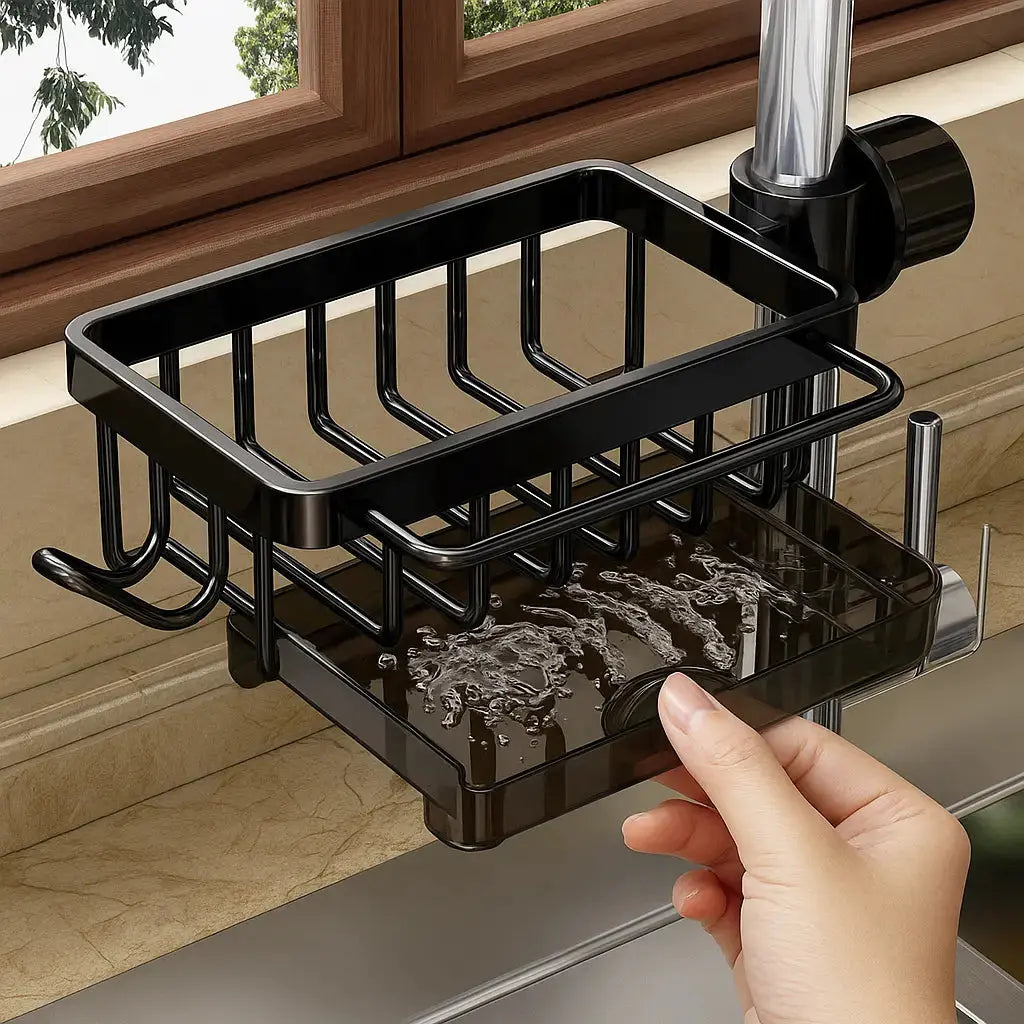 Faucet-Mounted Sink Organizer Rust-Resistant Aluminum Drip Tray & Hook