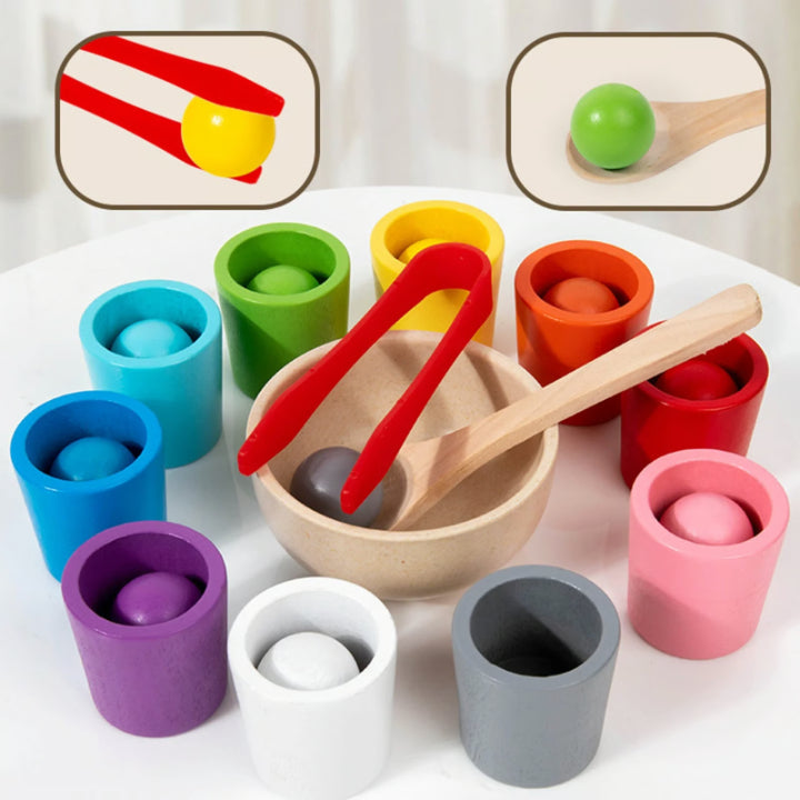 Color Matching Set Wooden Cups & Balls Plastic Tongs